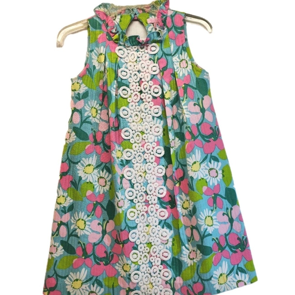 Lilly Pulitzer Girls Shift Dress Size 12 Green Blue Floral Sleeveless Lace Trim